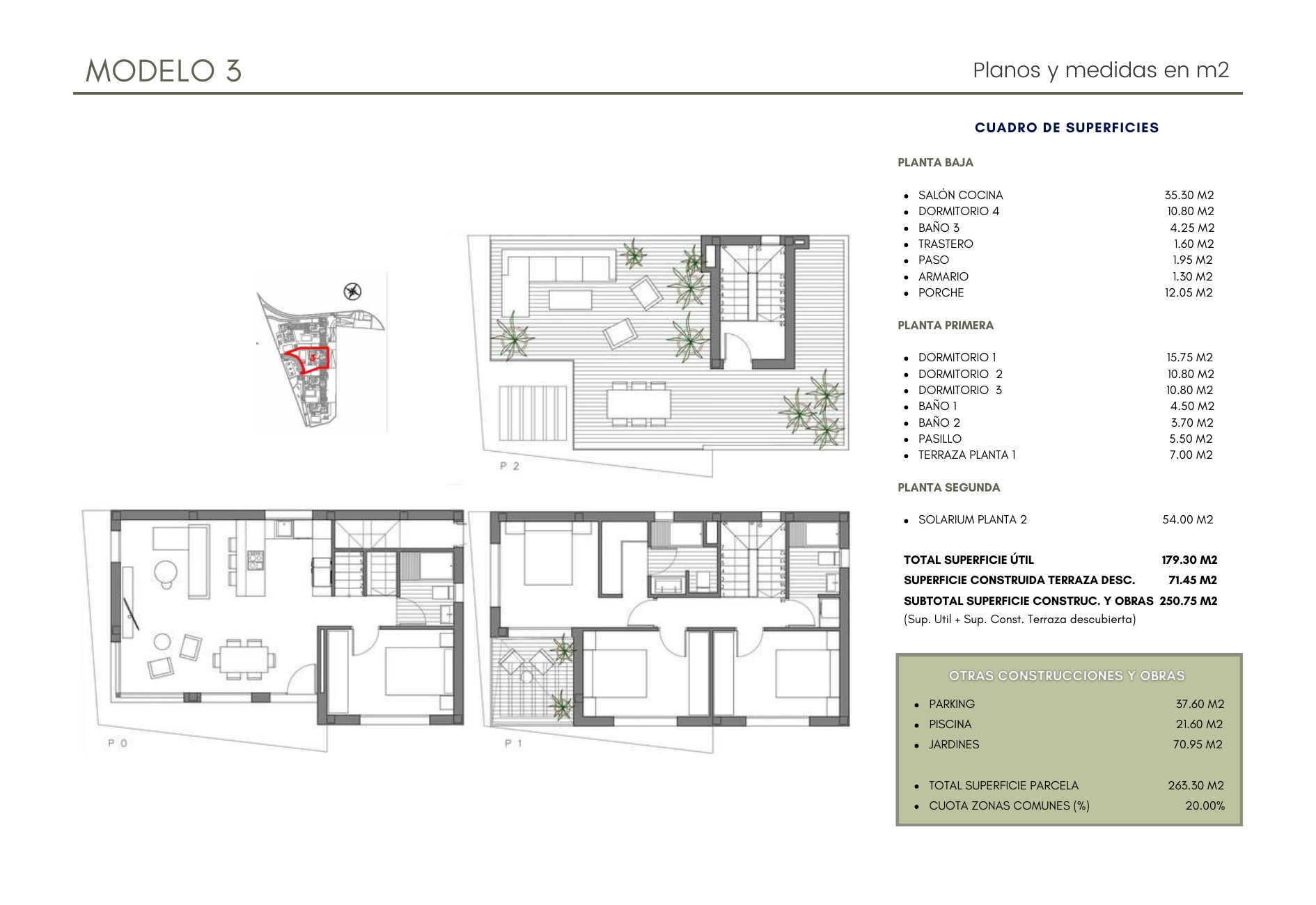 Planos Villa 3 — Planta Baja, Primera y Solarium con medidas en m²