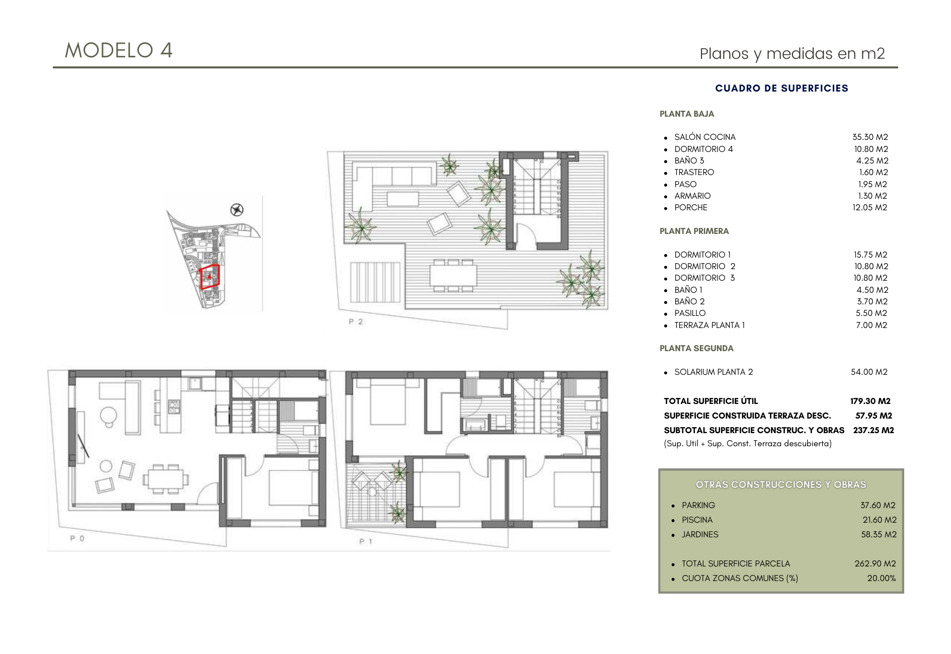 Planos Villa 4 — Planta Baja, Primera y Solarium con medidas en m²