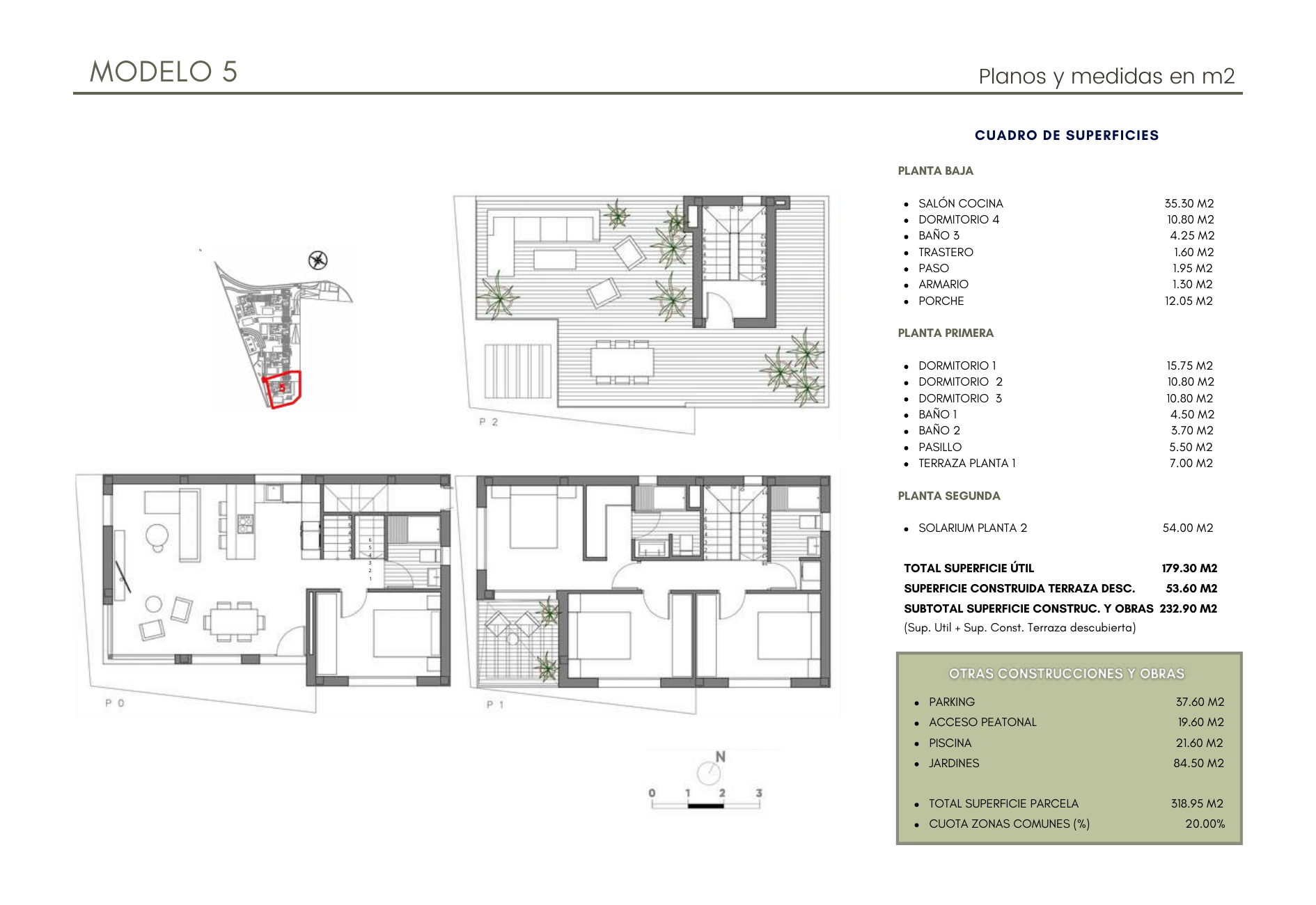 Planos Villa 5 — Planta Baja, Primera y Solarium con medidas en m²
